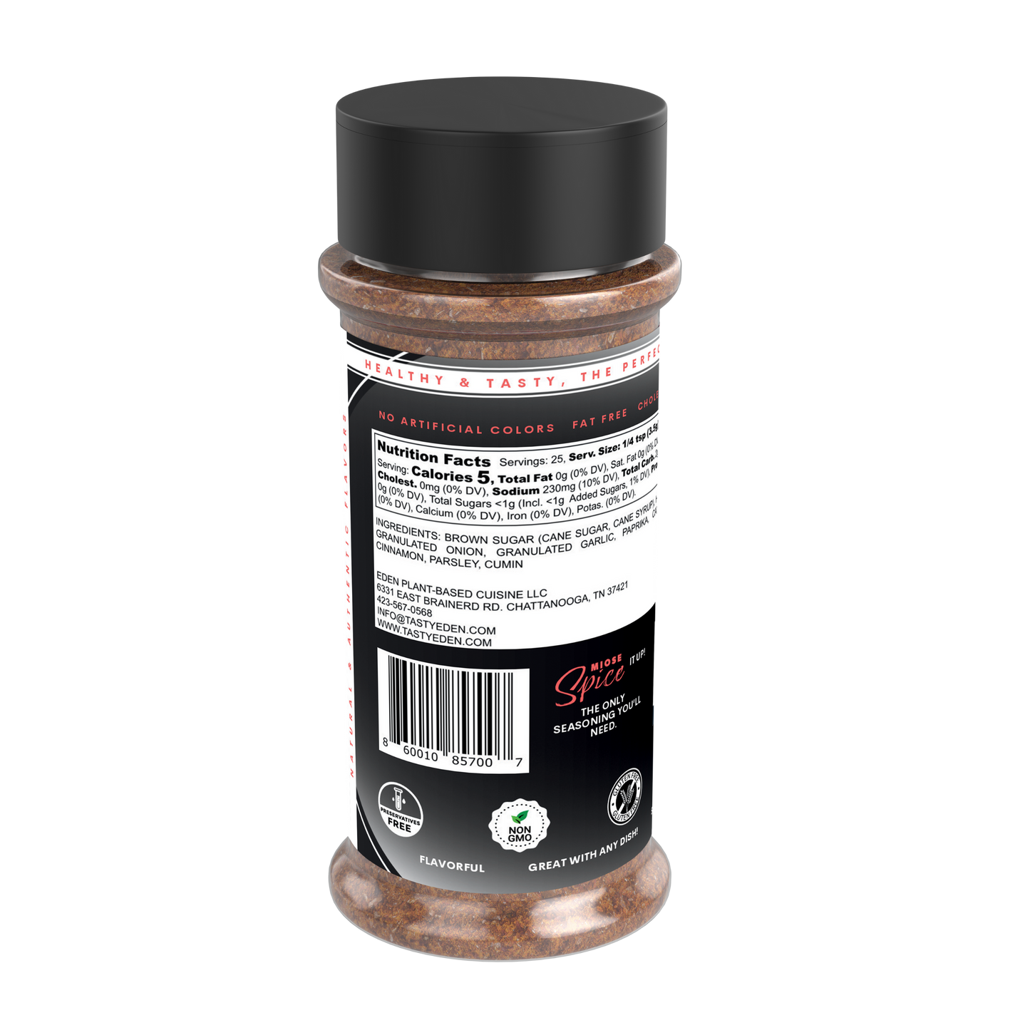 Spice jar with black lid and label on a white background