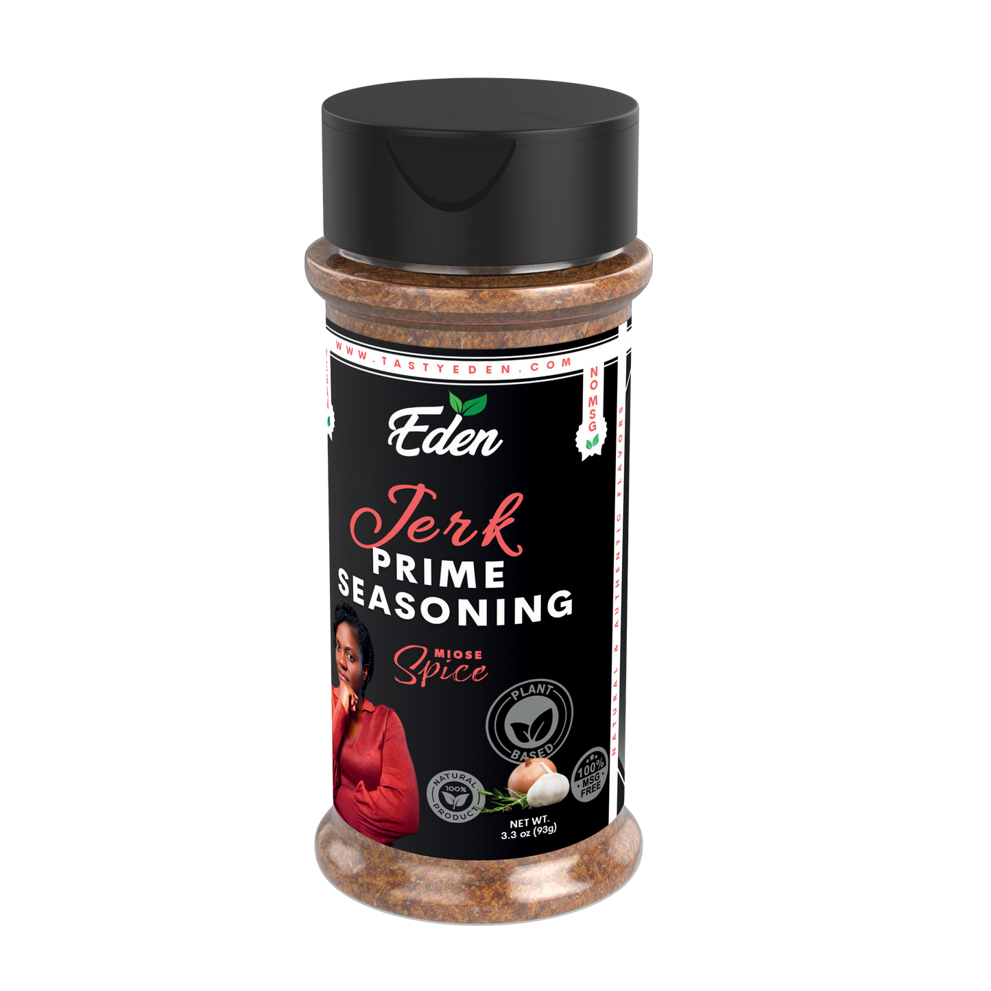 Eden Jerk Prime Seasoning shaker on a white background