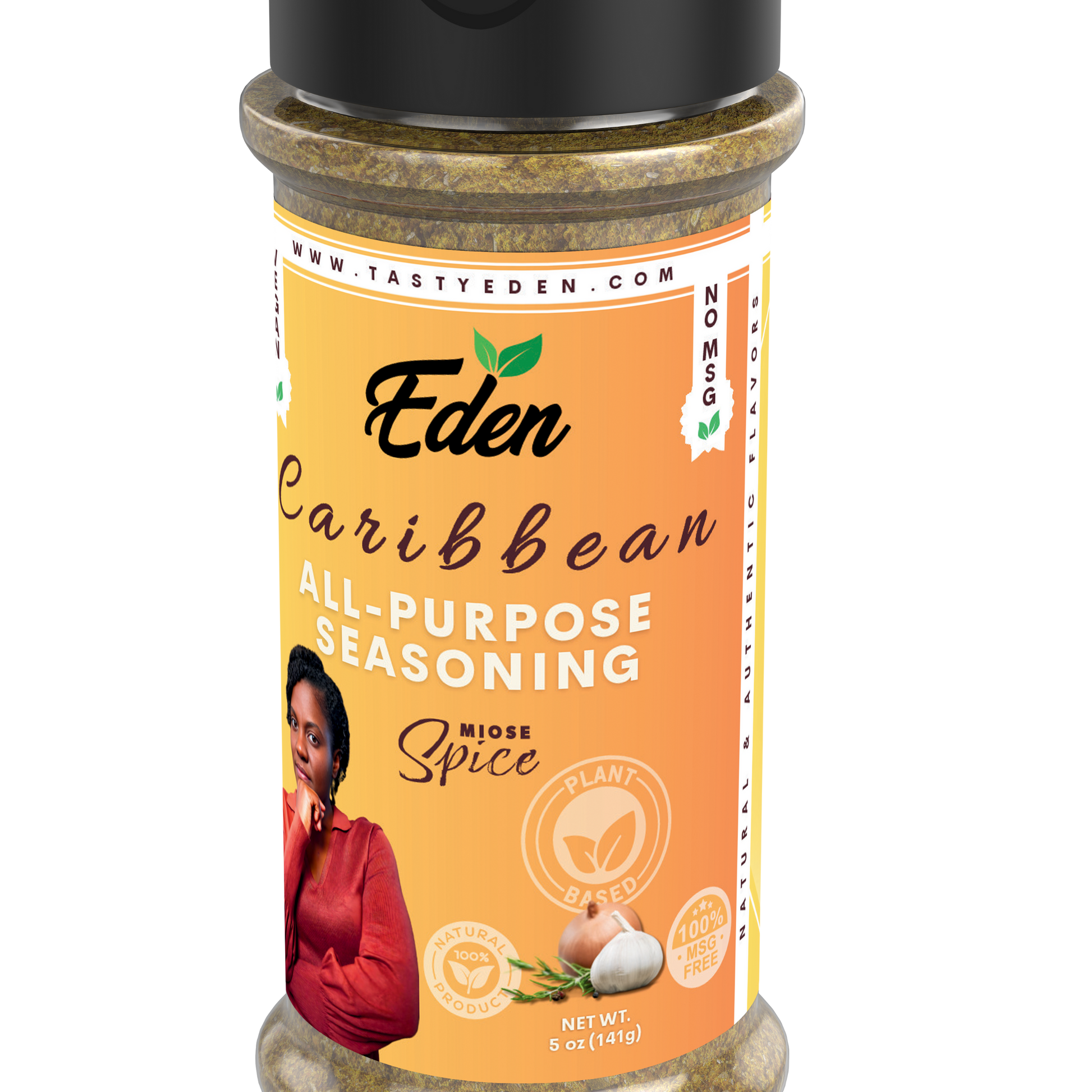 Eden Caribbean all-purpose seasoning bottle on a white background. Healthy, vegan, plant-based seasoning. close-up