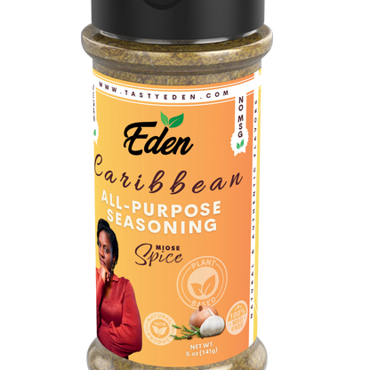Eden Caribbean all-purpose seasoning bottle on a white background. Healthy, vegan, plant-based seasoning. close-up