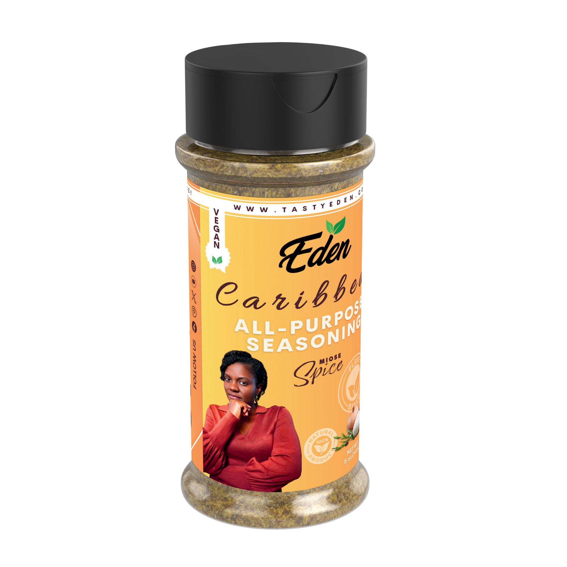 Eden Caribbean all-purpose seasoning bottle on a white background. Healthy, vegan, plant-based seasoning. Right angle