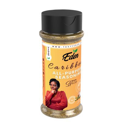 Eden Caribbean all-purpose seasoning bottle on a white background. Healthy, vegan, plant-based seasoning. Right angle