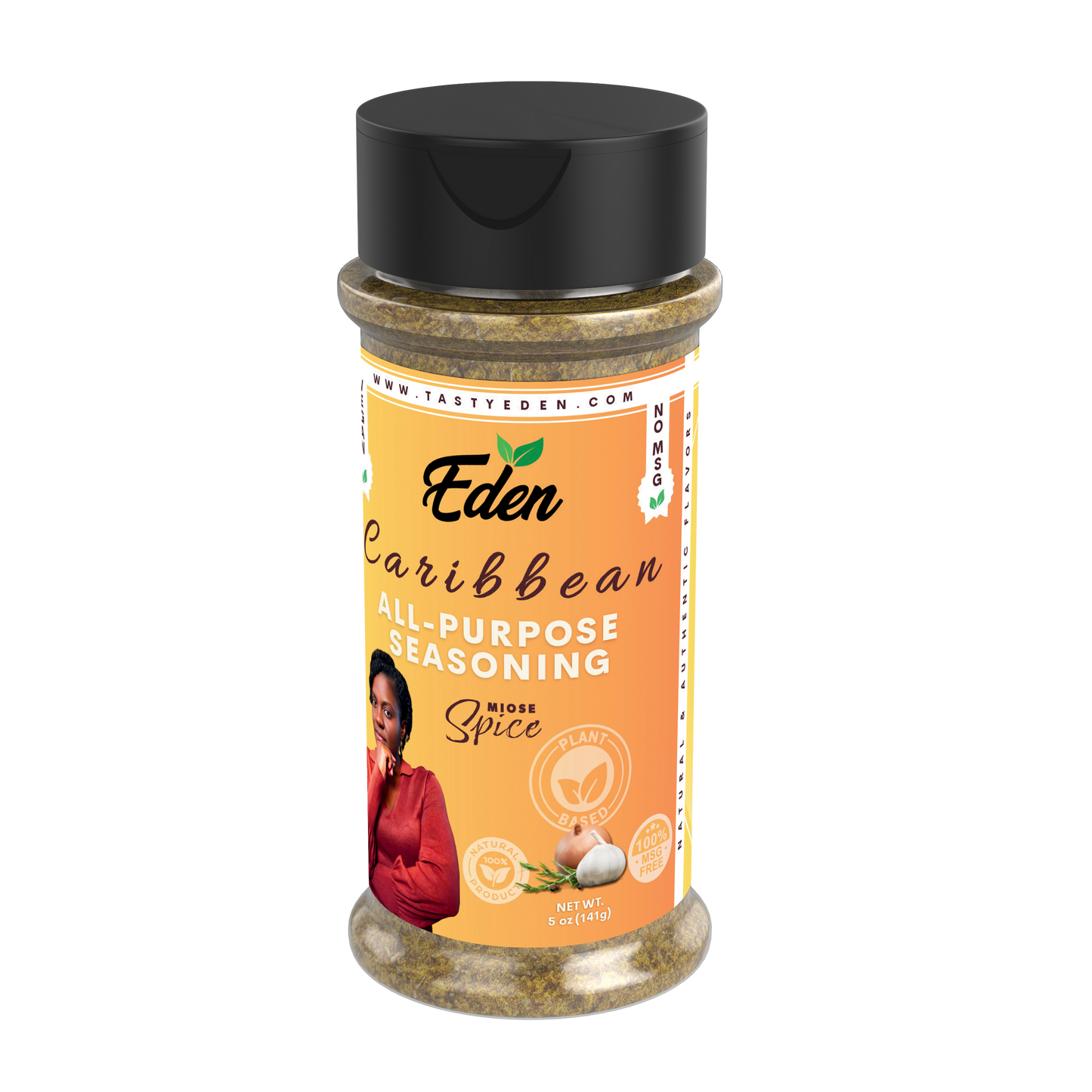 Eden Caribbean all-purpose seasoning bottle on a white background. Healthy, vegan, plant-based seasoning.