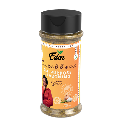 Eden Caribbean all-purpose seasoning bottle on a white background. Healthy, vegan, plant-based seasoning.