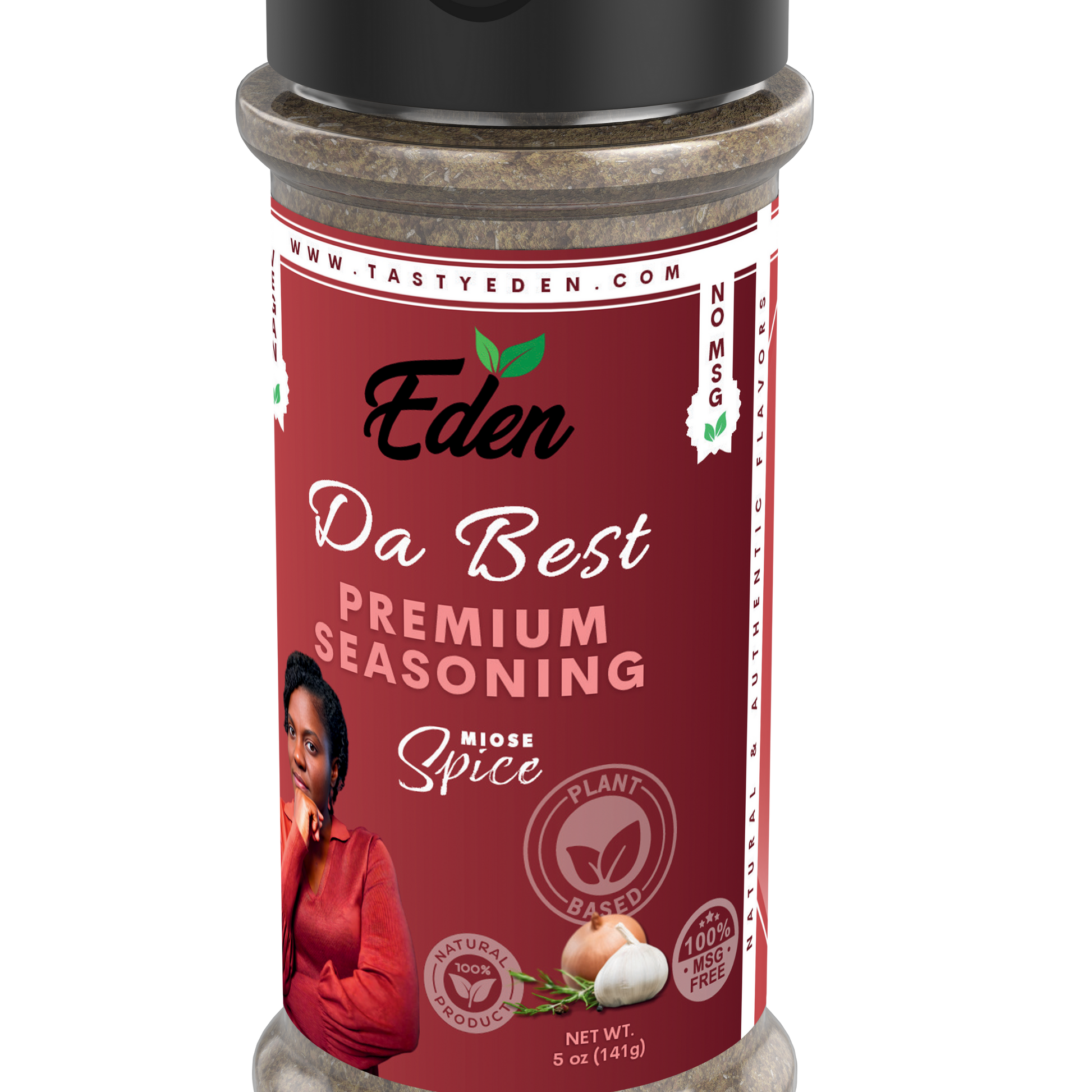 Eden Da Best Premium Seasoning shaker on a white background. vegan, plant-based