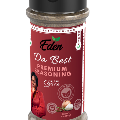 Eden Da Best Premium Seasoning shaker on a white background. vegan, plant-based