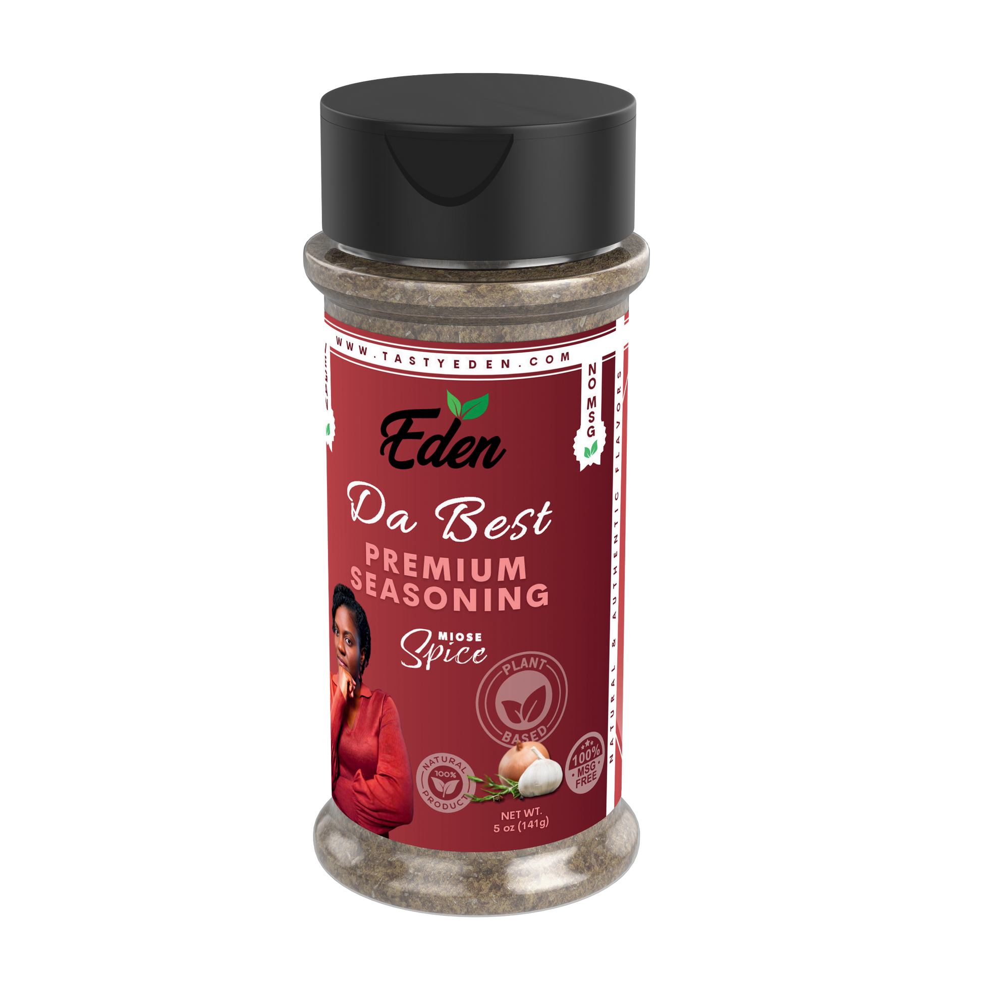 Eden Da Best Premium Seasoning shaker on a white background. vegan, plant-based
