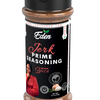 Eden Jerk Prime Seasoning container with label on a white background