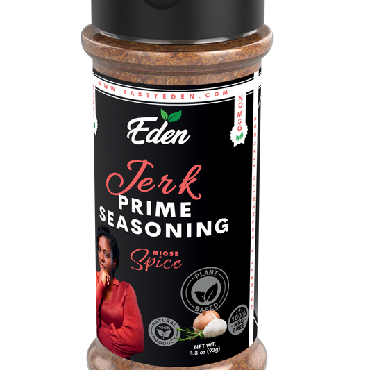 Eden Jerk Prime Seasoning container with label on a white background