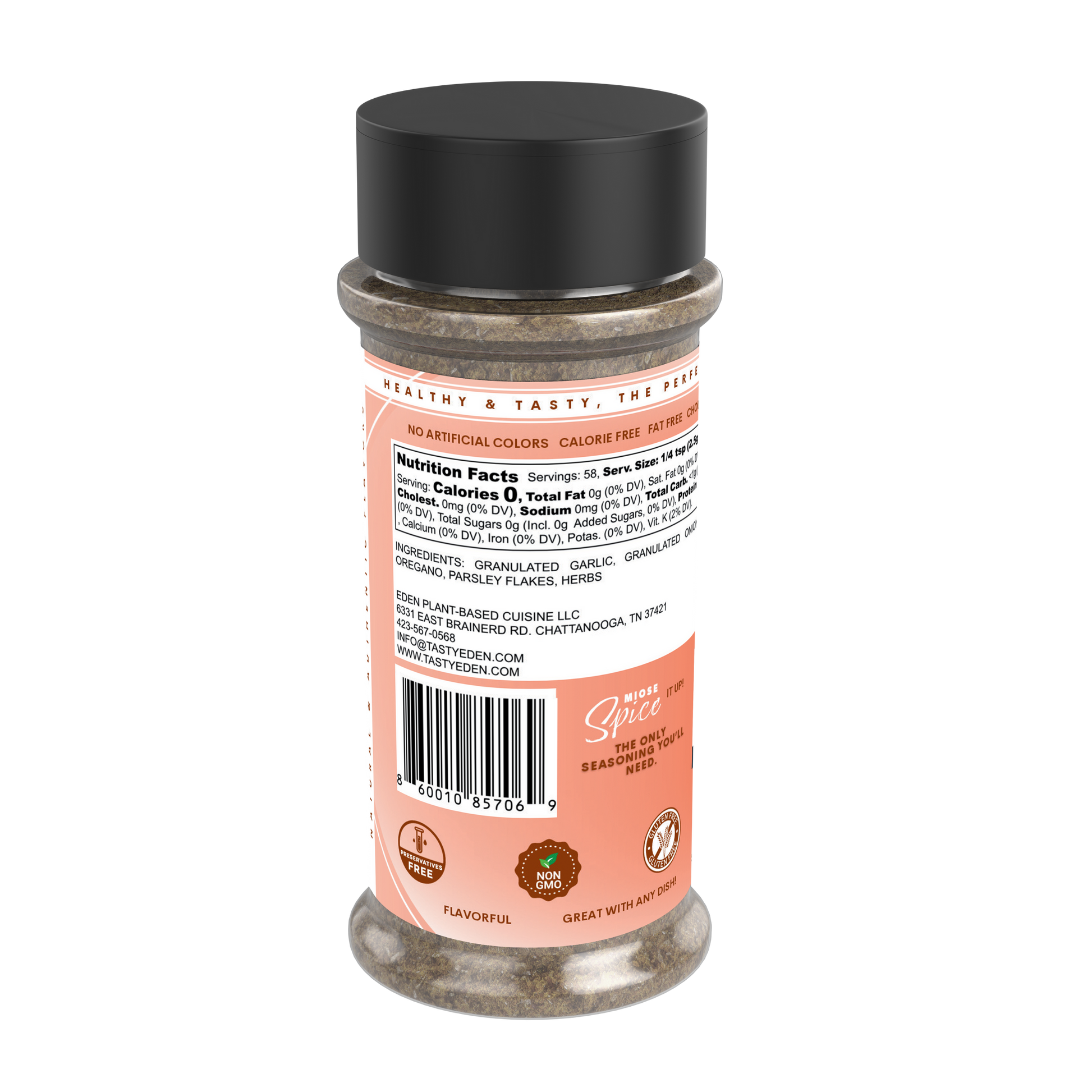 Spice container with a pink label on a white background