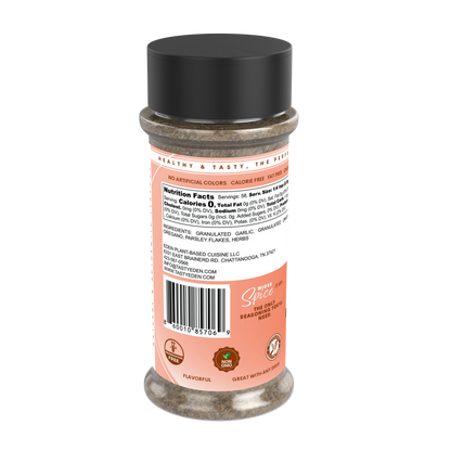 Spice container with a pink label on a white background