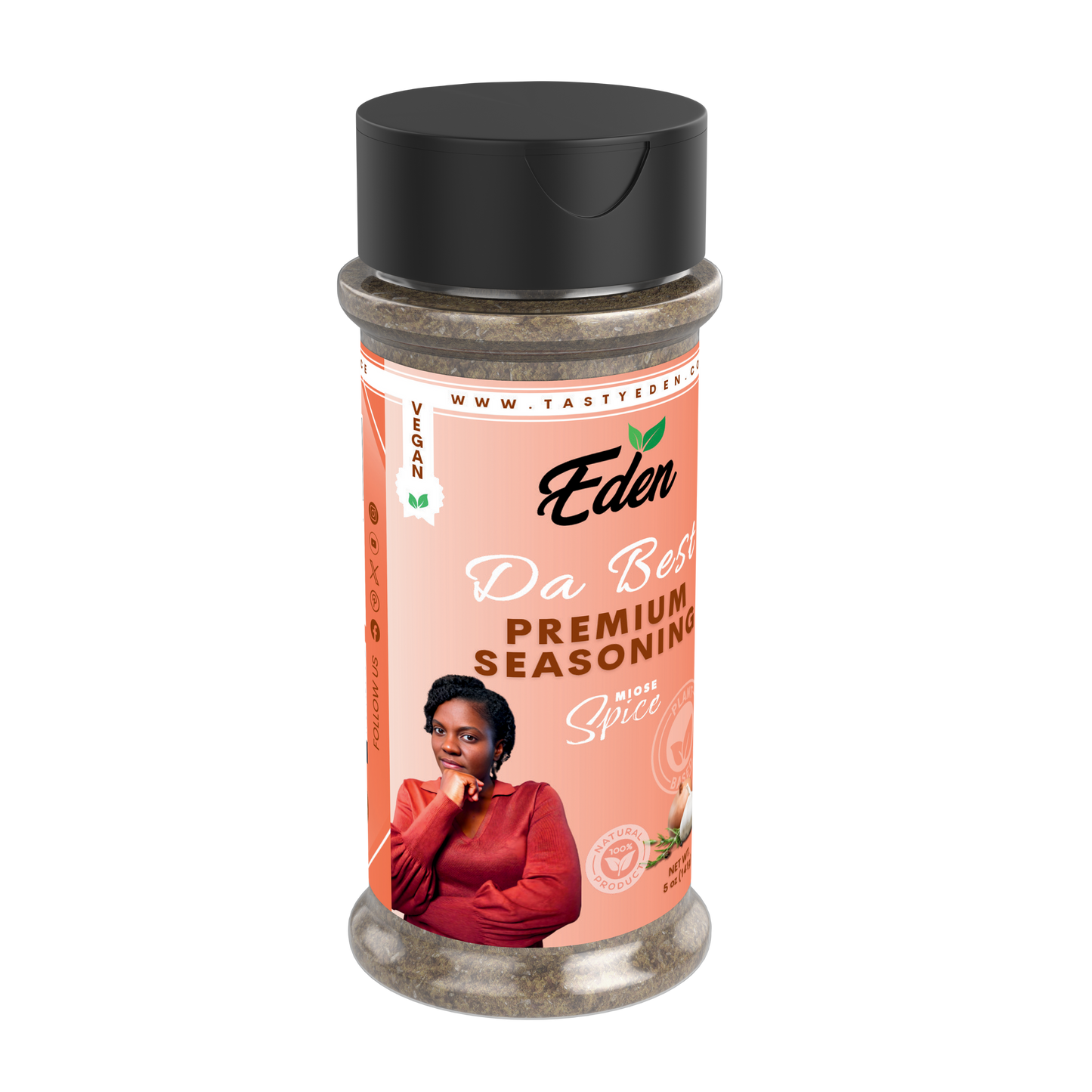 Eden seasoning bottle with a woman on the label against a white background. Salt free