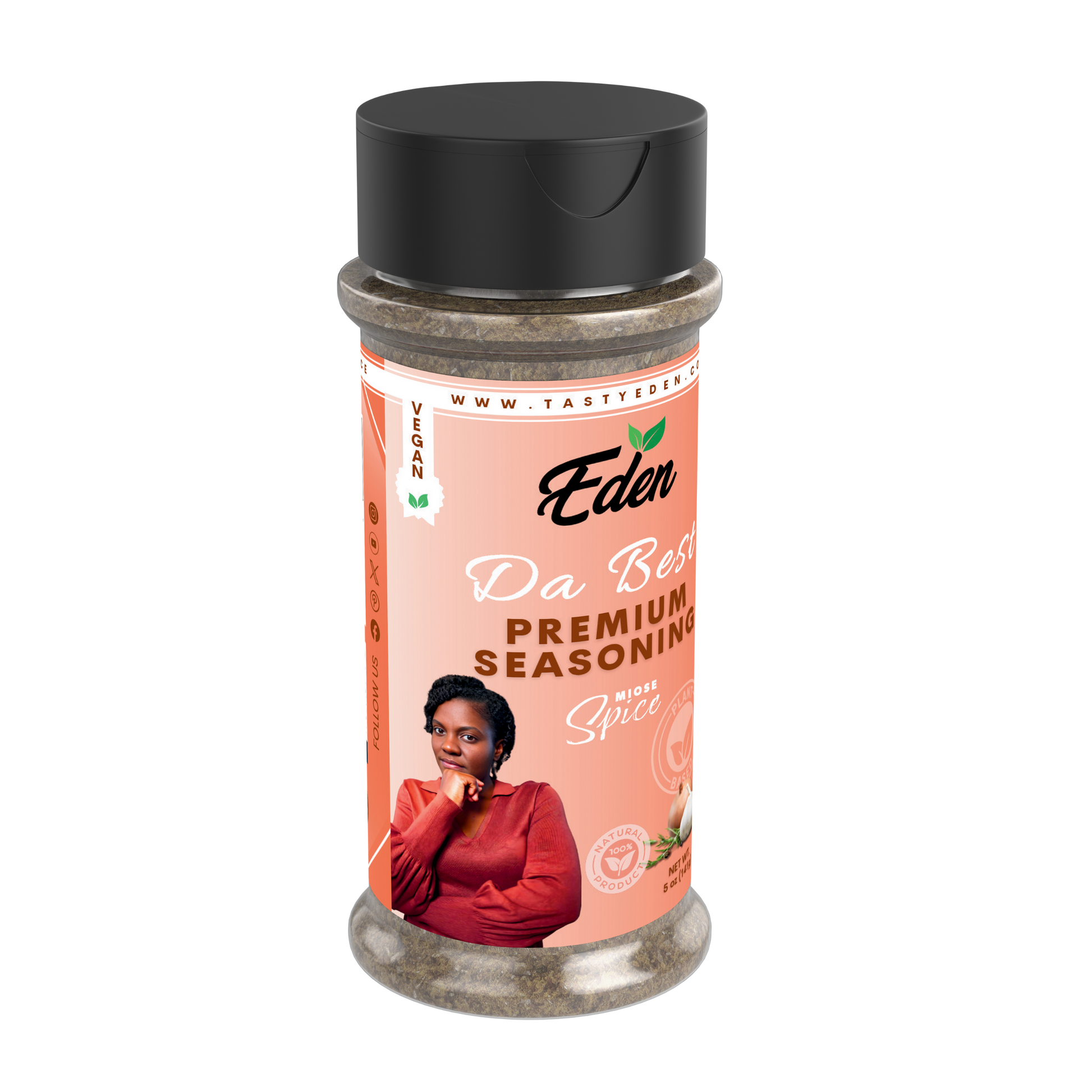 Eden seasoning bottle with a woman on the label against a white background. Salt free