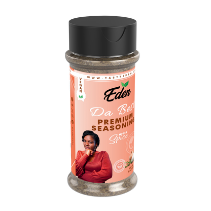 Eden seasoning bottle with a woman on the label against a white background. Salt free