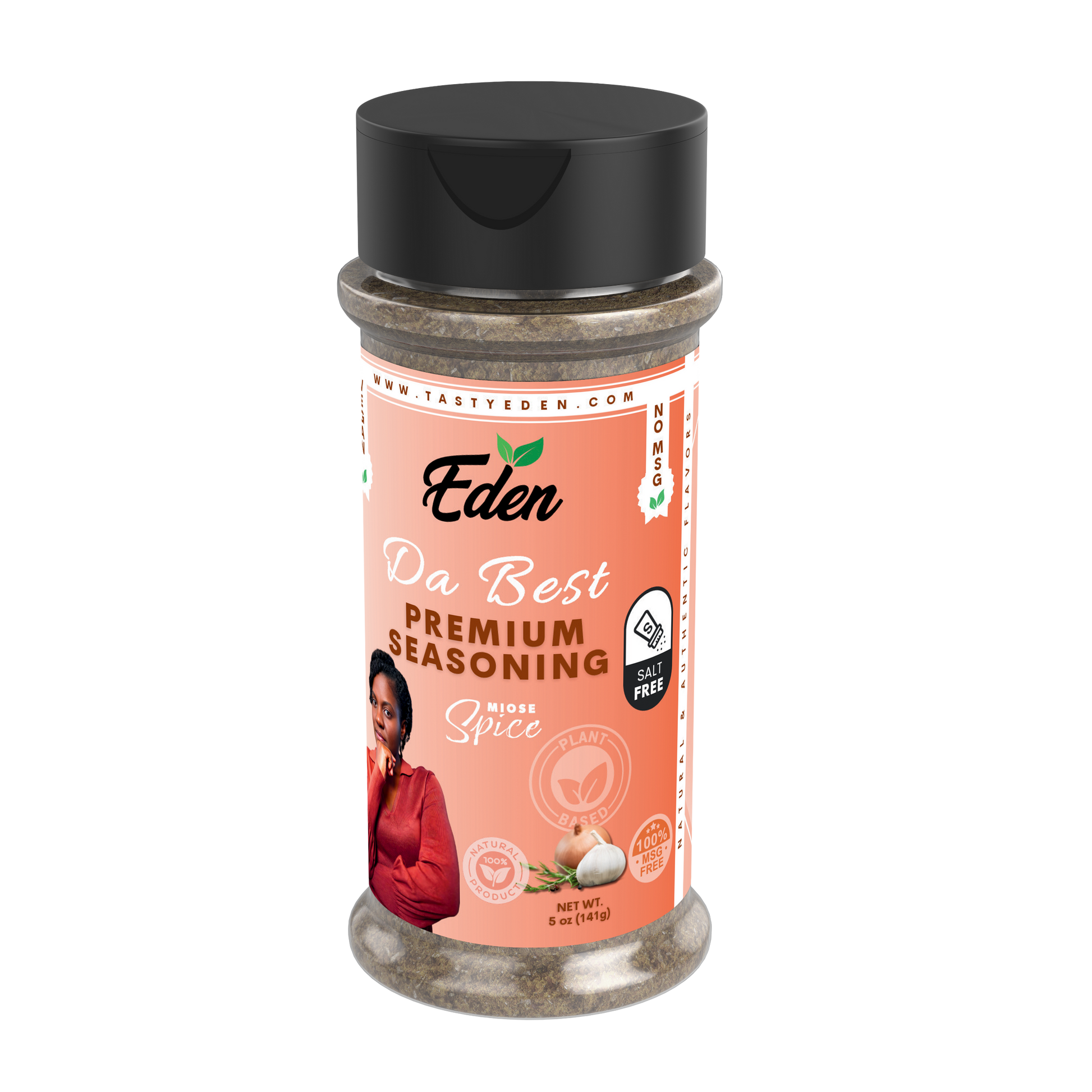 Eden seasoning container with a black lid on a white background. Salt free