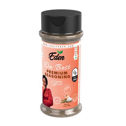 Eden seasoning container with a black lid on a white background. Salt free